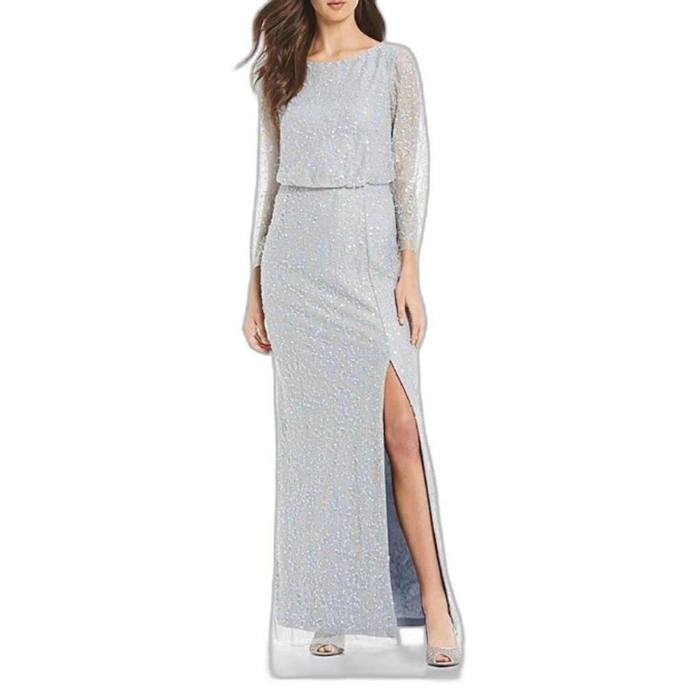 NWT Adrianna Papell Long Sleeve Sequin Gown Size 10 Blue Heather/Silver Metallic